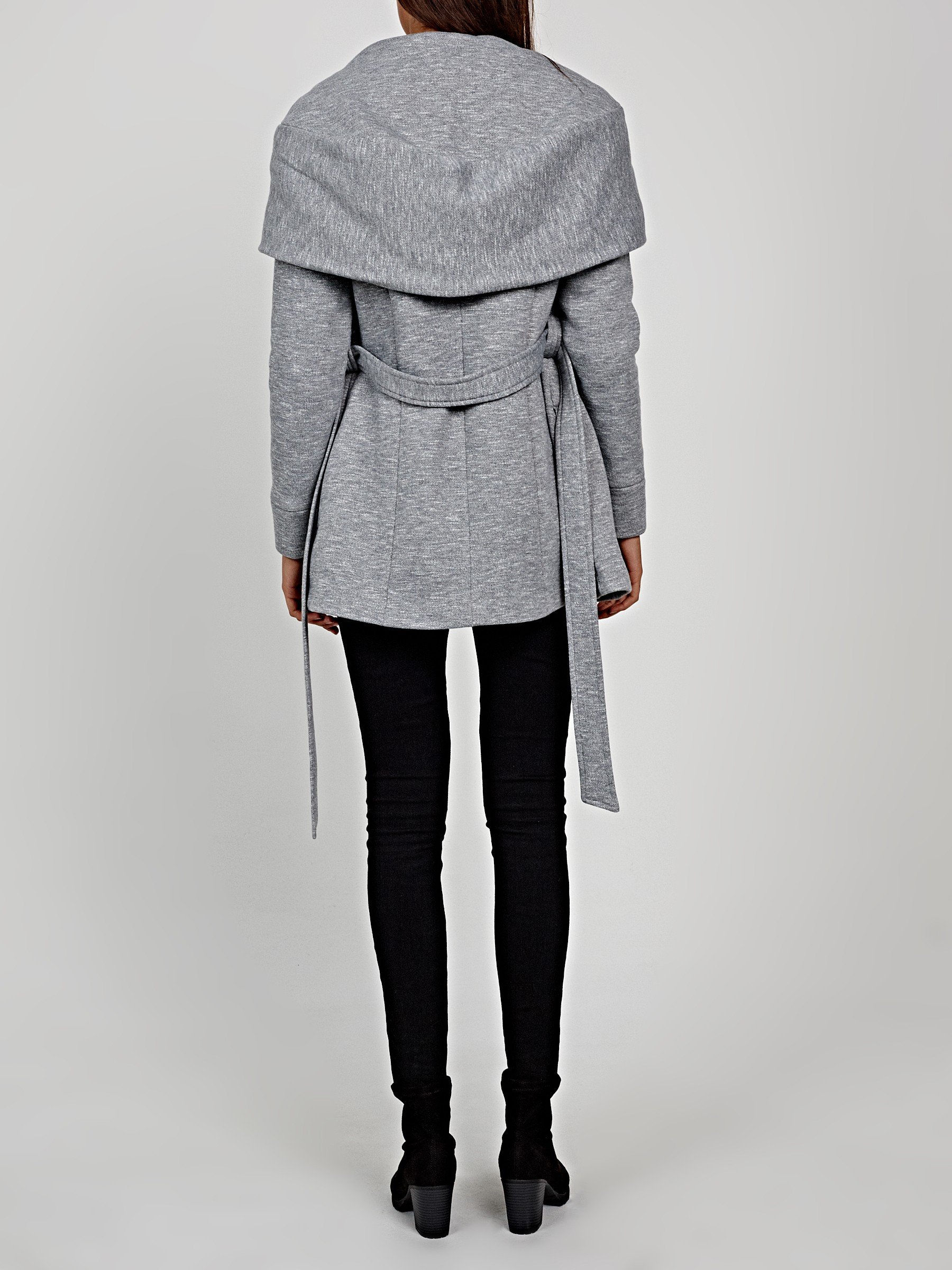 grey coat with fur hood and belt